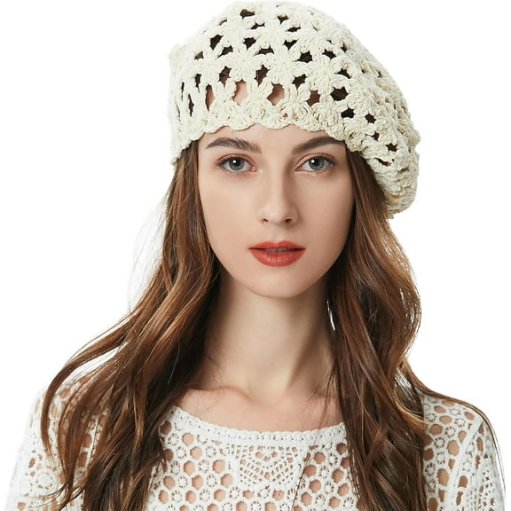 Women Cotton Slouchy Crochet Beret Handmade Cutout Floral Beanie Hat