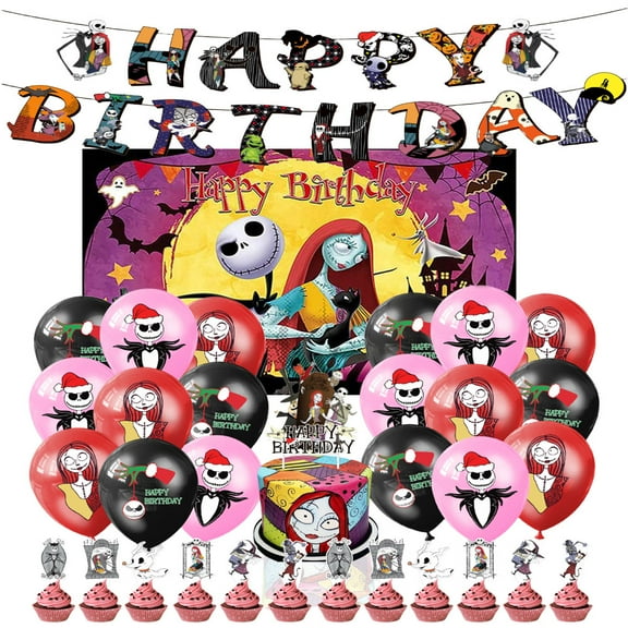 Jack and Sally Party Decorations, Jack and Sally Party Decoration Package includes balloons, decorative backdrops, birthday banners, and cake decorations.