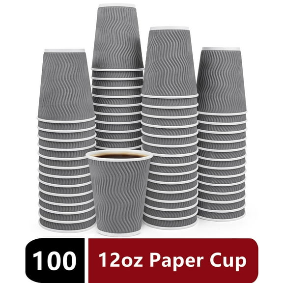Treamon Paper Cups Disposable Paper Coffee Cups with Thermal Insulation Ripple, 12 oz 100 Count