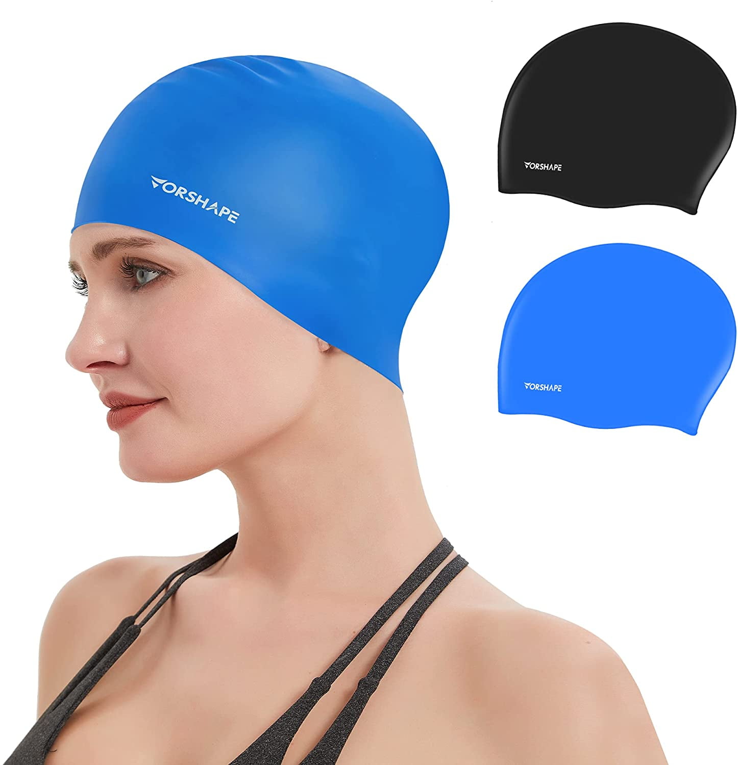 Keary 2 Pack Silicone Swim Cap for Long Hair Women Girls Waterproof Pool Swimming Cap Cover Ears to Keep Your Hair Dry 3D Ergonomic Soft Stretchable Durable and Anti-Slip Easy to Put On and Off 