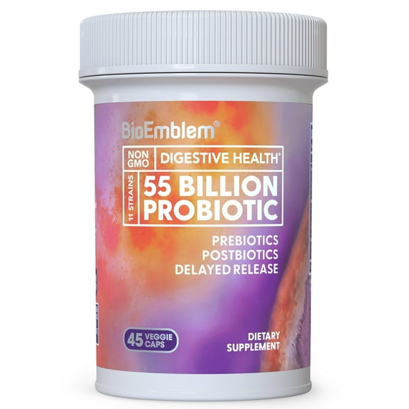 BioEmblem Probiotics – 55 Billion CFU, Pre/Postbiotics, Immune & Digestive Support – 45 Capsules