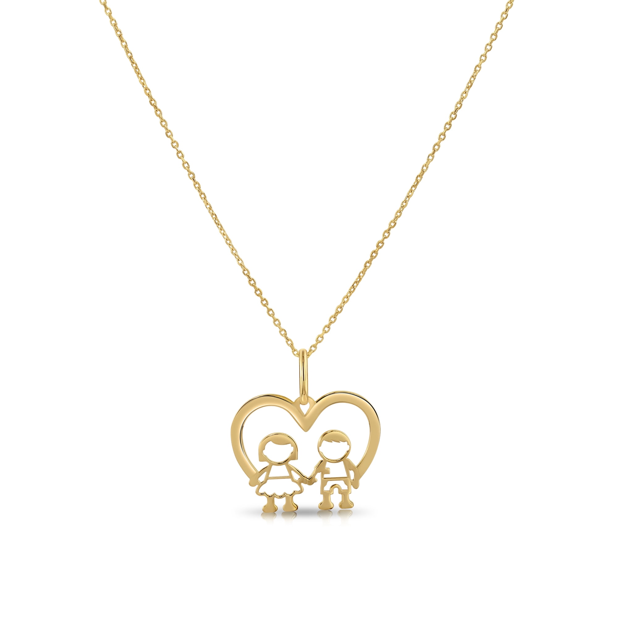 Tilo Jewelry 14K Yellow Gold Son & Daughter Heart Pendant Charm Necklace for Women & Unisex | 18 Inch Cable Chain