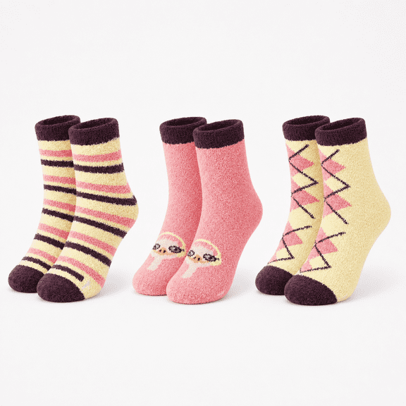 Girls Micro Cozy Character Socks, 3 Pack, Soft Plush Whimsical Pattern Socks, DR PINK, M/L