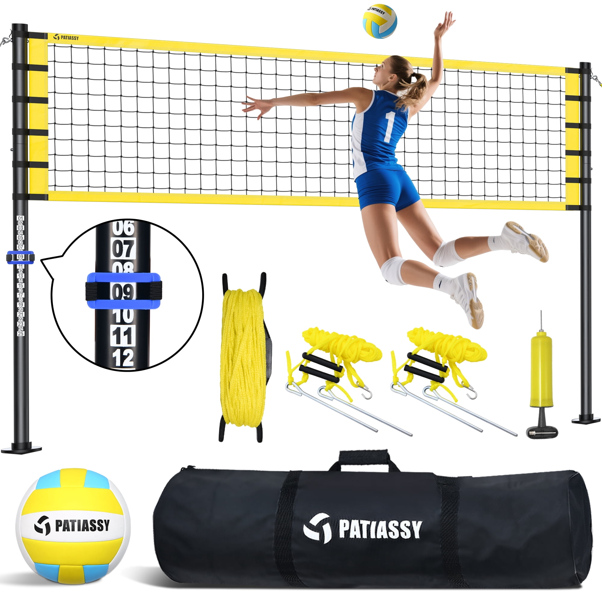 Patiassy 32ft Outdoor Portable Volleyball Net Set System - Adjustable Height Steel Poles, PU Volleyball with Pump and Carrying Bag for Beach Backyard