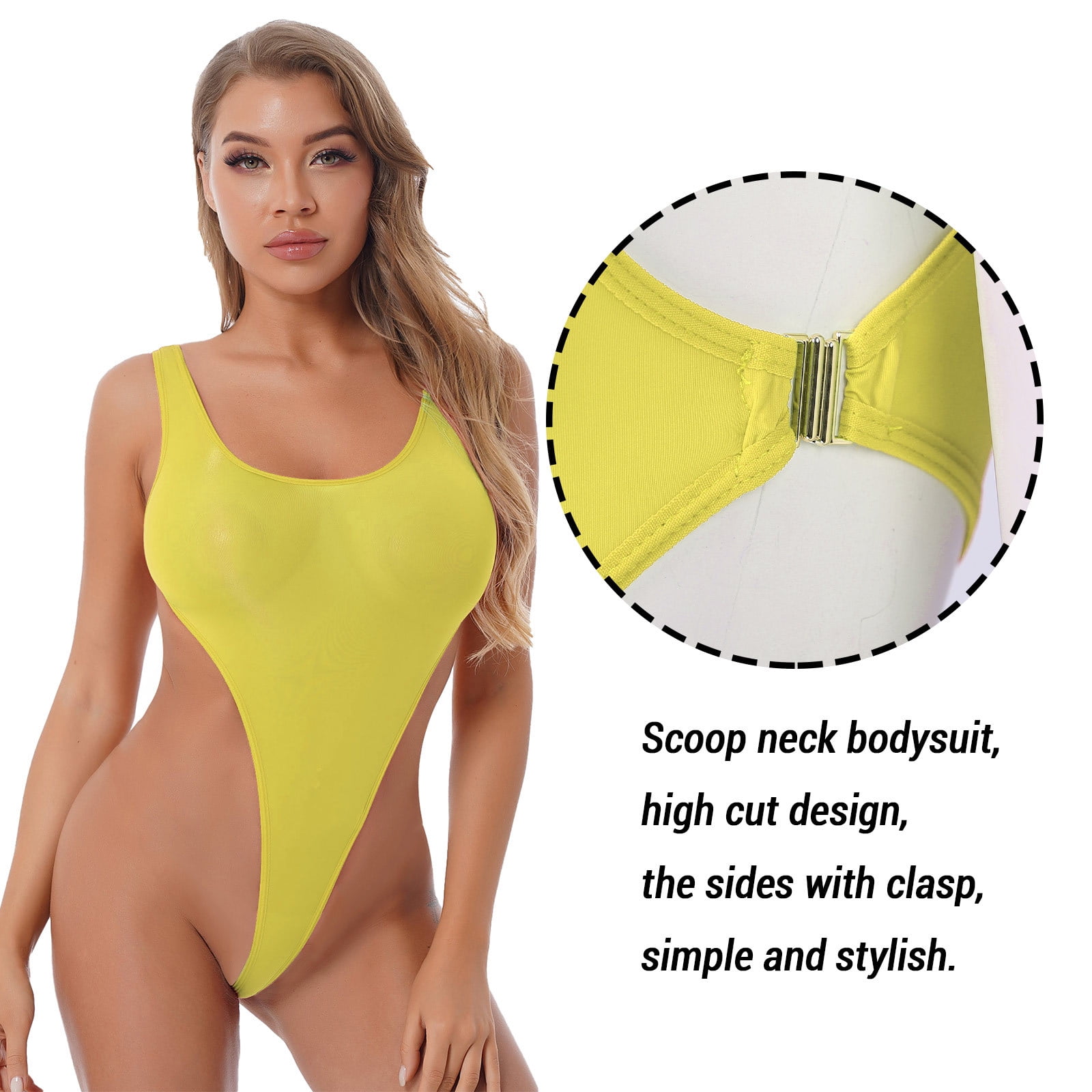 CHICTRY Women's Oily Silky Low Cut Back Bodysuit High Cut Thong Leotard One  Piece Swimwear Bathing Suit