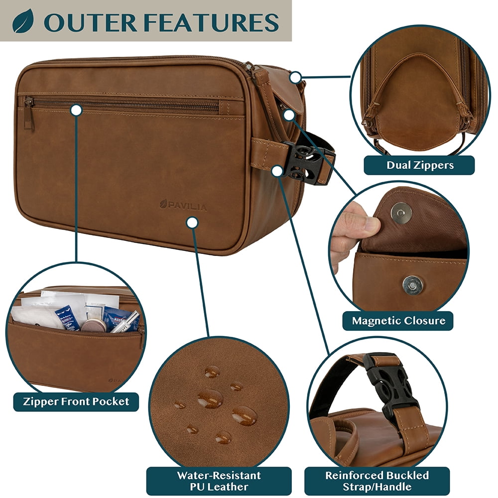 PAVILIA Toiletry Bag for Men, Travel Essentials Shaving Dopp Kit, Mens Travel Bag Toiletries Organizer Case for Grooming, PU Leather Water Resistant Cosmetic Bag Pouch (XL, Brown)