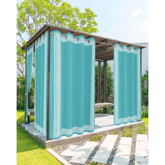 nqOlkjepod Outdoor Curtains for Patio Waterproof, Aqua White Geometric Outdoor Privacy Panels Grommet, Country Greece Key Art Blackout Outside Curtains for Porch/Cabana/Pergola 54"x84", 2 Panels