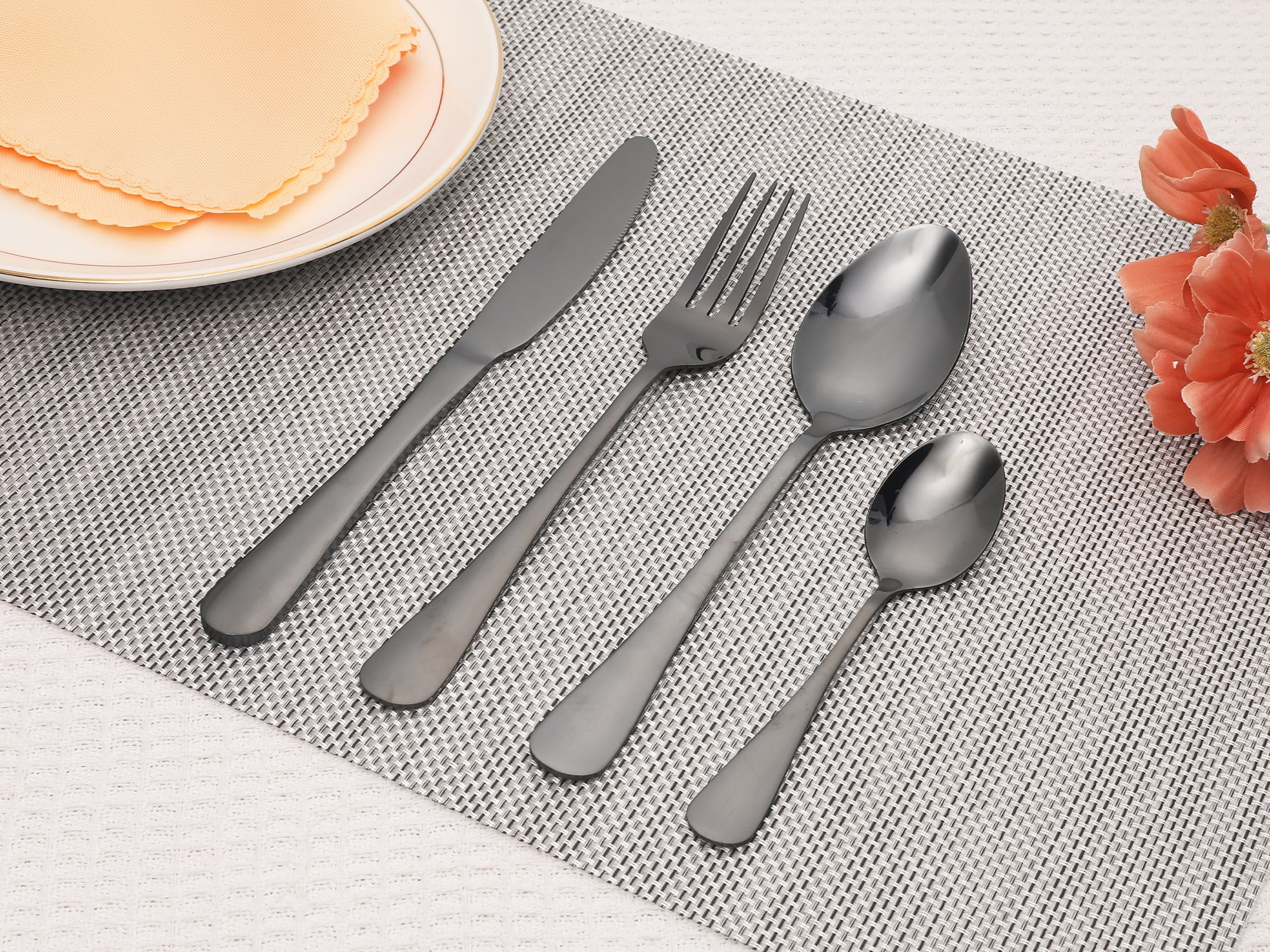 Unique Bargains 24 Pcs Stainless Steel Flatware Set with Supporting Shelf Black
