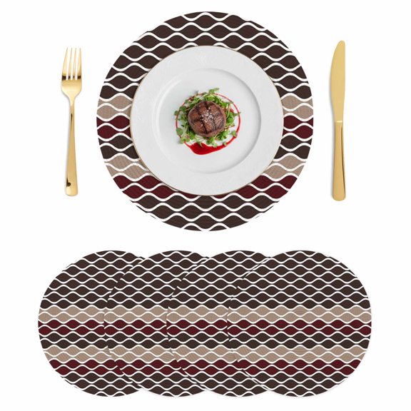 Ombre Brown Round 15 Inch Placemats Set of 4, Modern Abstract Waves Morocco Striped HeatResistant Non Slip Place Mats for Dining Table, Wipeable Braided Kitchen Table Mats for Housewarming