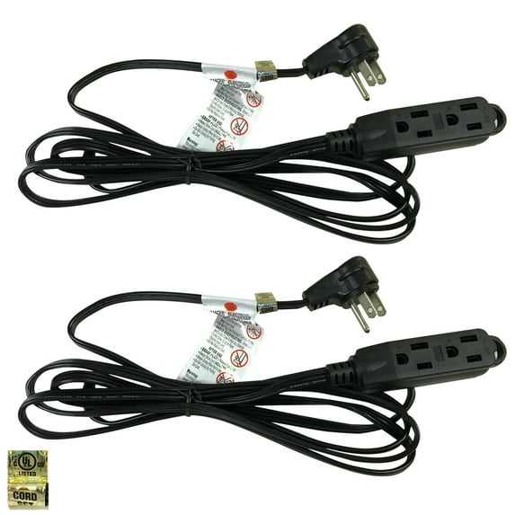 Royal Designs, Inc. Flat Plug Extension Cord for Indoor & Outdoor, 12 ft long, Black, 6 Outlet Prong Grounded Wire UL Listed, Set of 2