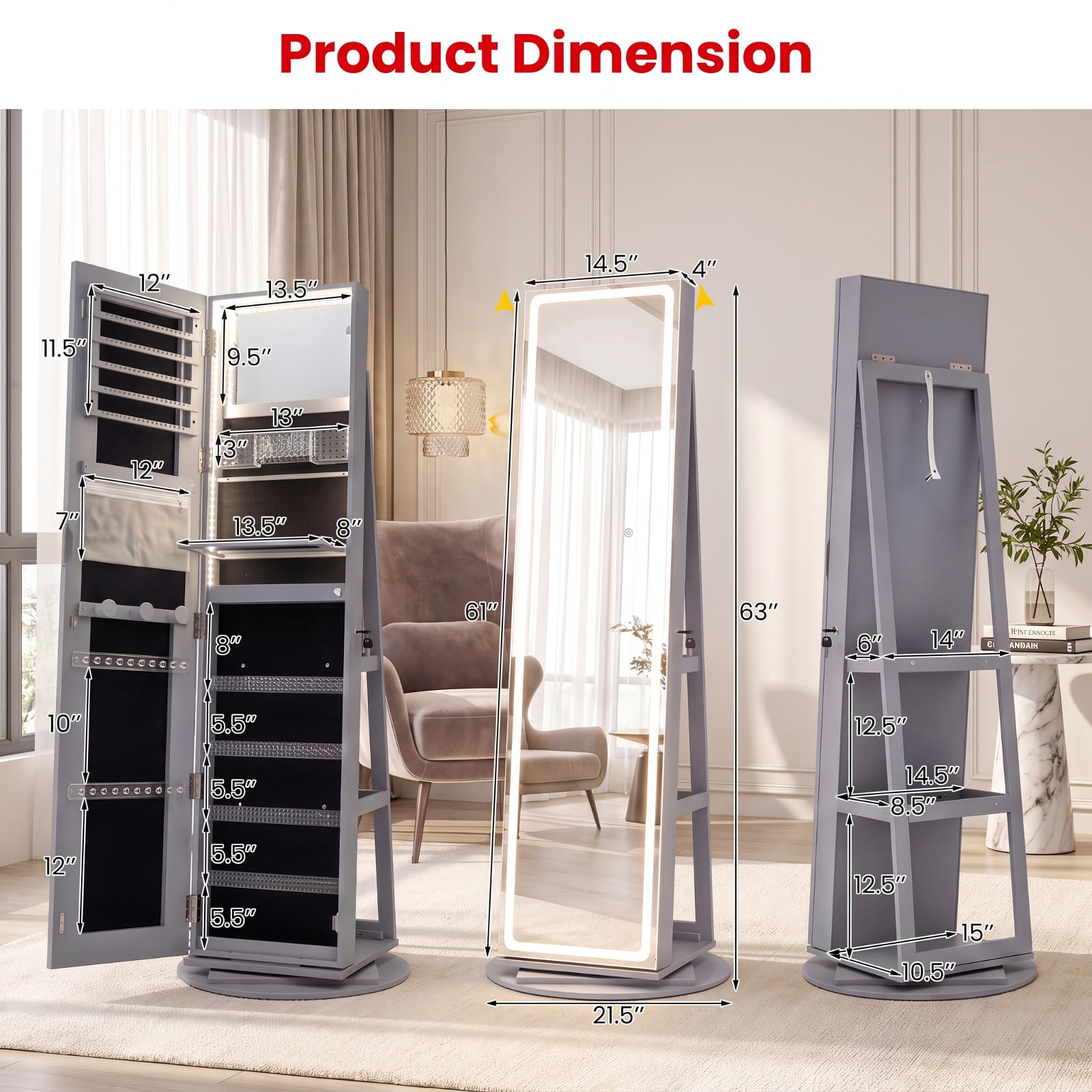 Furnibear Standing Jewelry Cabinet with Adjustable LED Lights for Bedroom Dressing Room Jewelry Necklace Rings Storage Mirror, Gray