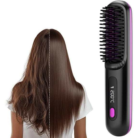 LYSLIV Go Brush Pro, 2025 New Go Brush Pro, Portable Straightener Brushs for Travel, with LCD Temperature Display, Fast Heating Cordless Mini Hair Brushs