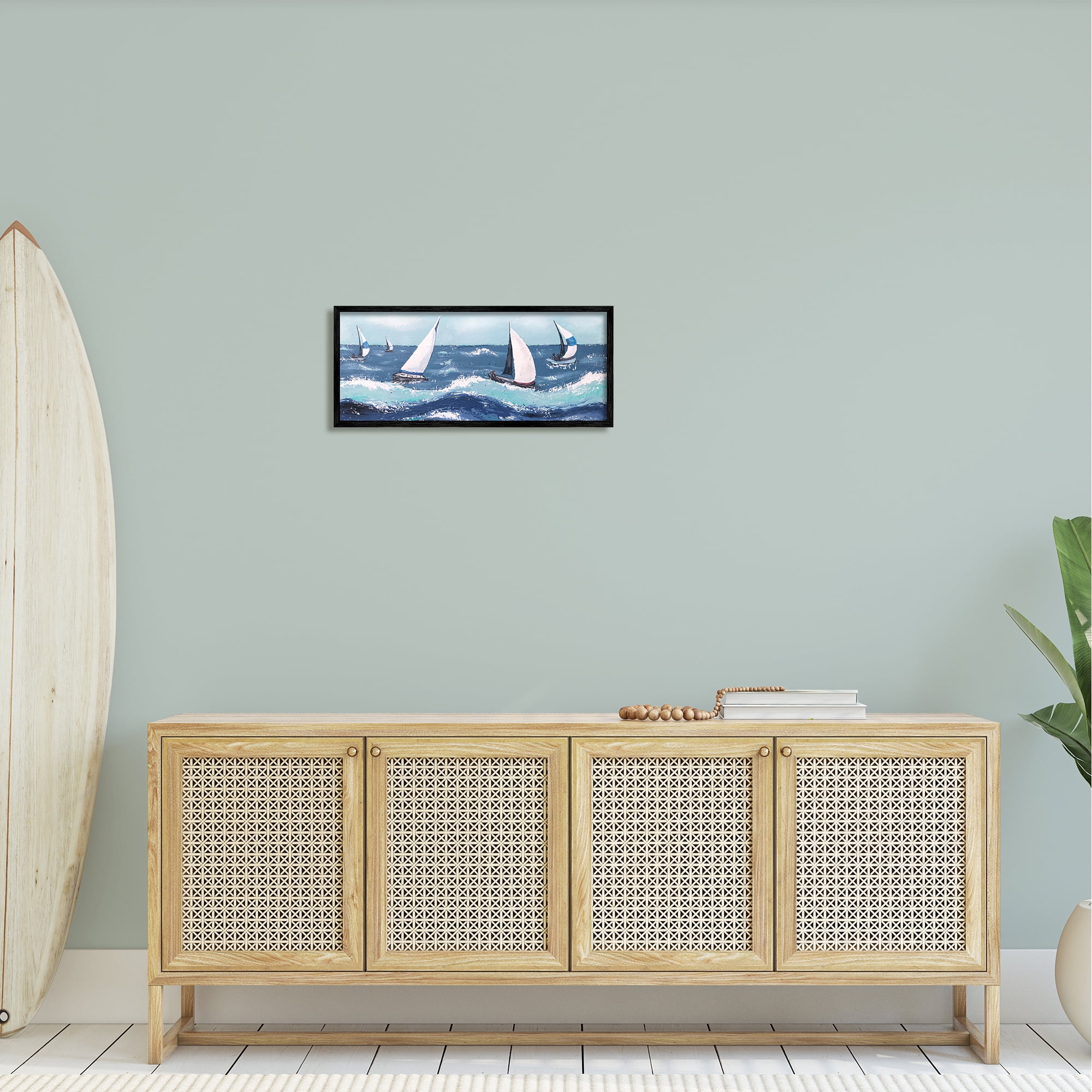 Stupell Sea Waves Splashing Sailboats Landscape Painting Black Framed Art Print Wall Art