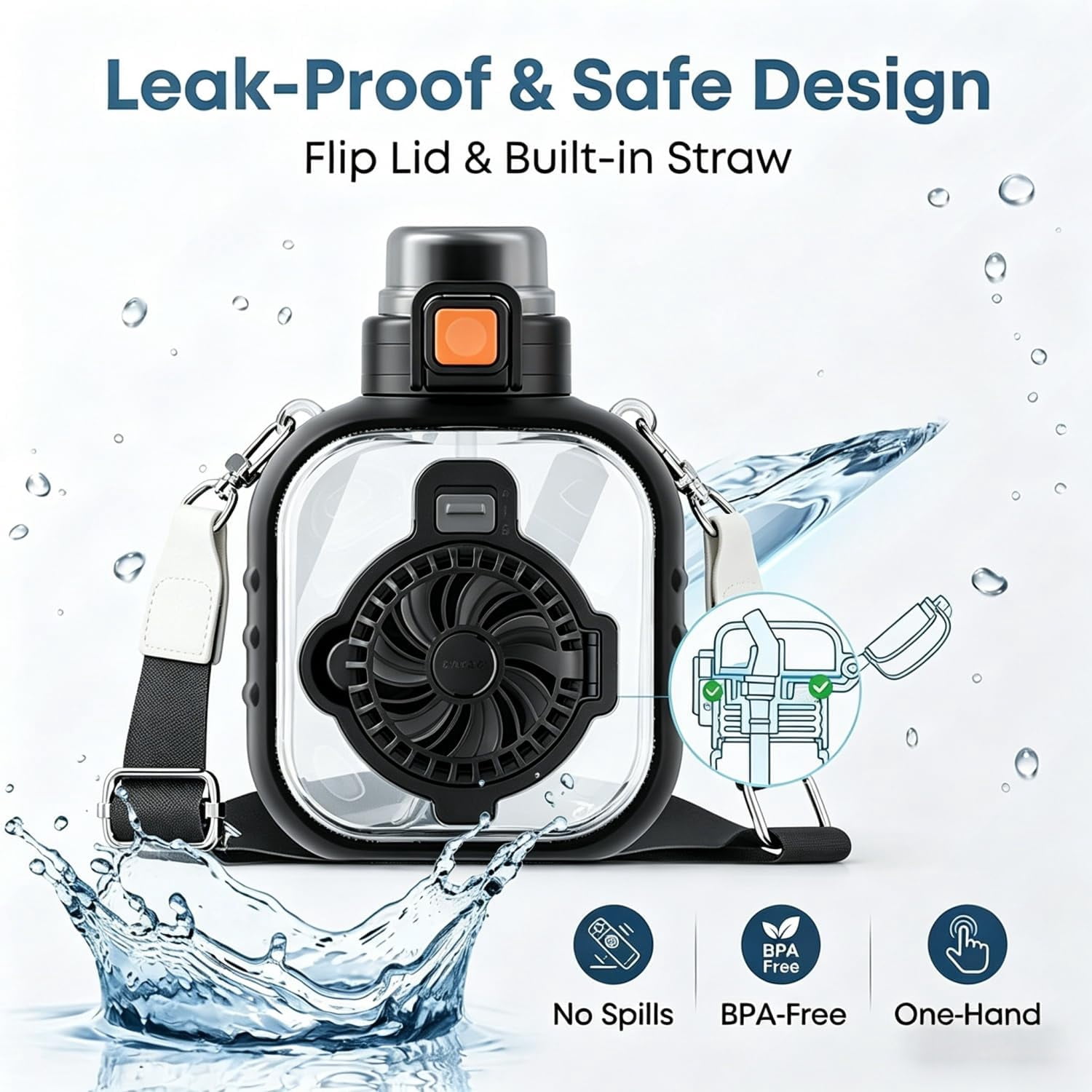 USB Rechargeable Fan Water Bottle 33oz Stainless Steel Outdoor(Black)