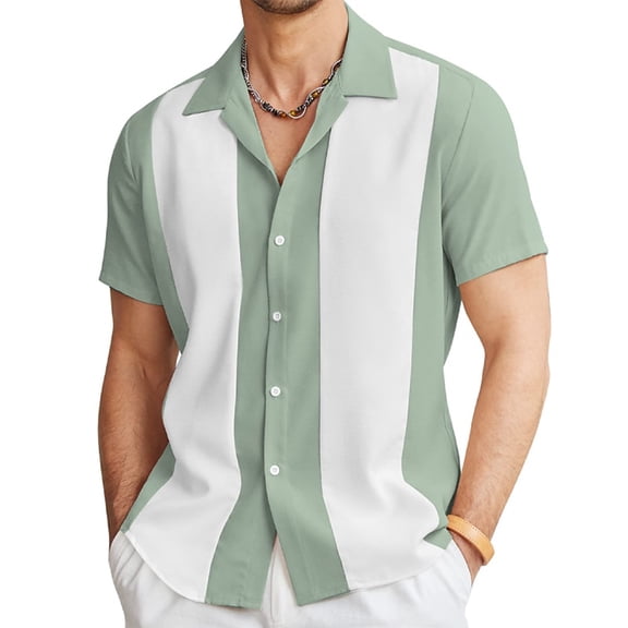 Men's Vintage Bowling Shirt Short Sleeve Button Down Summer Beach Shirts Green XL