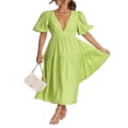 thumbnail image 3 of AMERTEER Femmes Profonde V Maxi Robe d'Été Casual Manches Courtes Plissées Taille Haute LongBeach Flowy Robes, 3 of 9