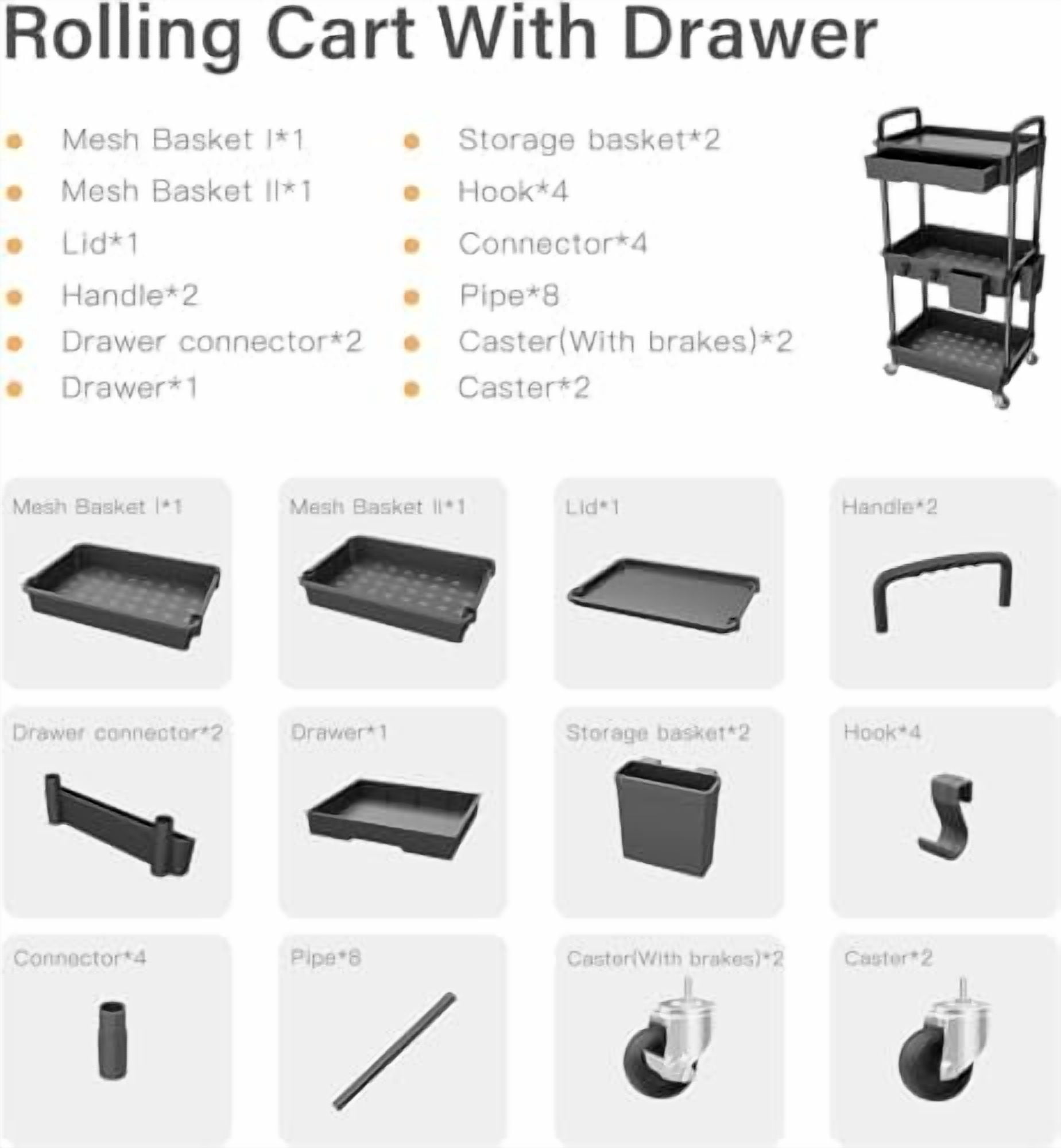 3 Tier Rolling Cart Organizer,Laundry Room Bathroom Organizers and Storage Office Shelves Mobile Shelving Unit Kitchen Trolley Cart with Wheels for Art,Craft,Diaper,Bedside,Snack(Black)
