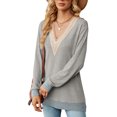 thumbnail image 2 of SHIBEVER Women Blouses Fall Casual Loose Fit Long Sleeves Tops Fashion Dressy V Neck Soild Color Gray Lace Shirts for Women Clothes Size XL, 2 of 6