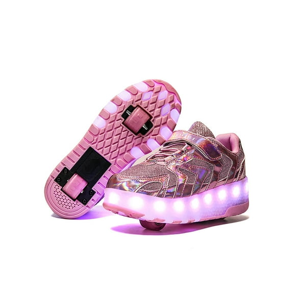Woobling Boys Girls Sneakers Double Wheels Athletic Shoes LED Light Trainers Comfort Skate Shoe Unisex Lightweight Luminous Pink 4.5Y