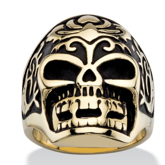 Men's Two-Tone Gold Ion-Plated Tribal Skull Ring in Antiqued Stainless Steel