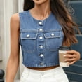 thumbnail image 5 of Uaswgudfs ​Cropped Denim Vest: Women's Autumn Collarless Button-Front Jacket with Chest Pockets - Sleeveless Fitted Style​, 5 of 8
