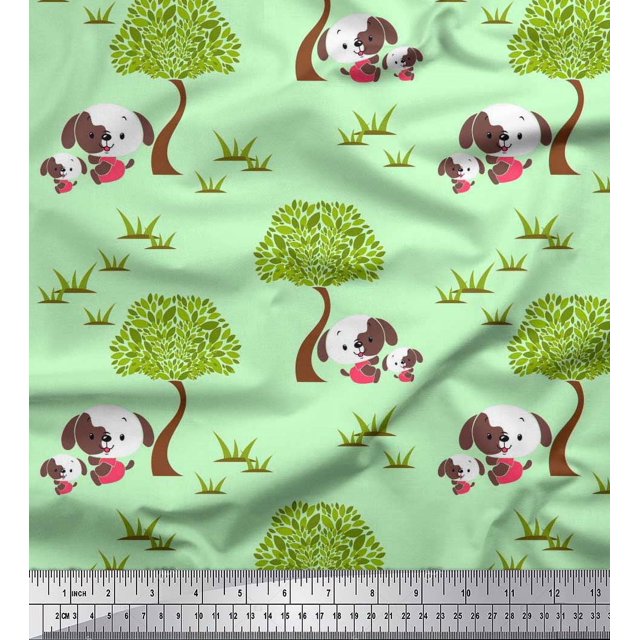 Soimoi Cotton Duck Fabric Tree & Dog Kids Print Fabric by The Yard 42 Inch Wide