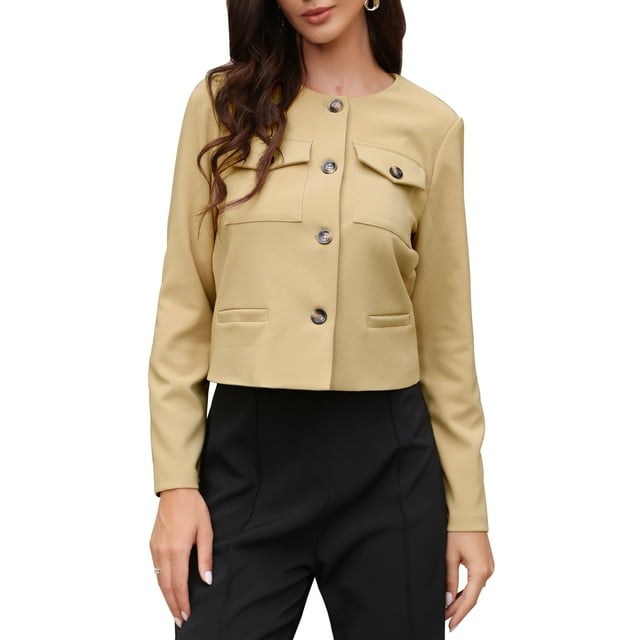 Chaqueta de trabajo INSPIRE CHIC para mujer, sin cuello, de manga larga, cuello redondo, abrigo casual de oficina, talla L, color caqui