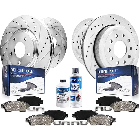 Detroit Axle - Brake Kit for 2003 2004 2005 2006 2007 2008 2009 2010 2011 Lincoln Town Car, Drilled Slotted Brake Rotors Ceramic Brake Pads: 12.01" inch Front 11.61" inch Rear Rotors