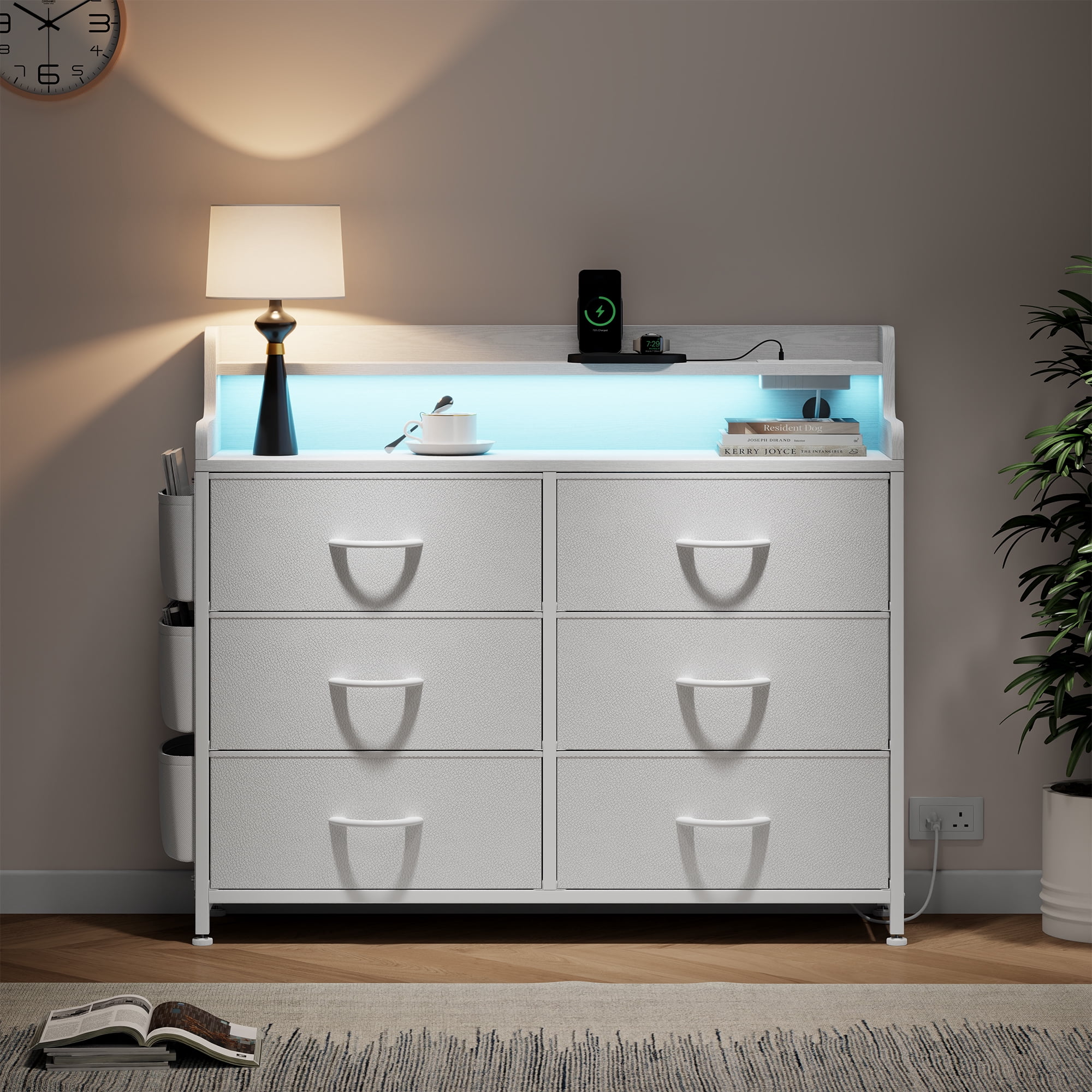 GIKPAL White Dresser for Bedroom 6 Drawers - Fabric Dressers for Bedroom with LED Light & Charging Station - Chest of Drawers for Living Room Hallway Closet,White