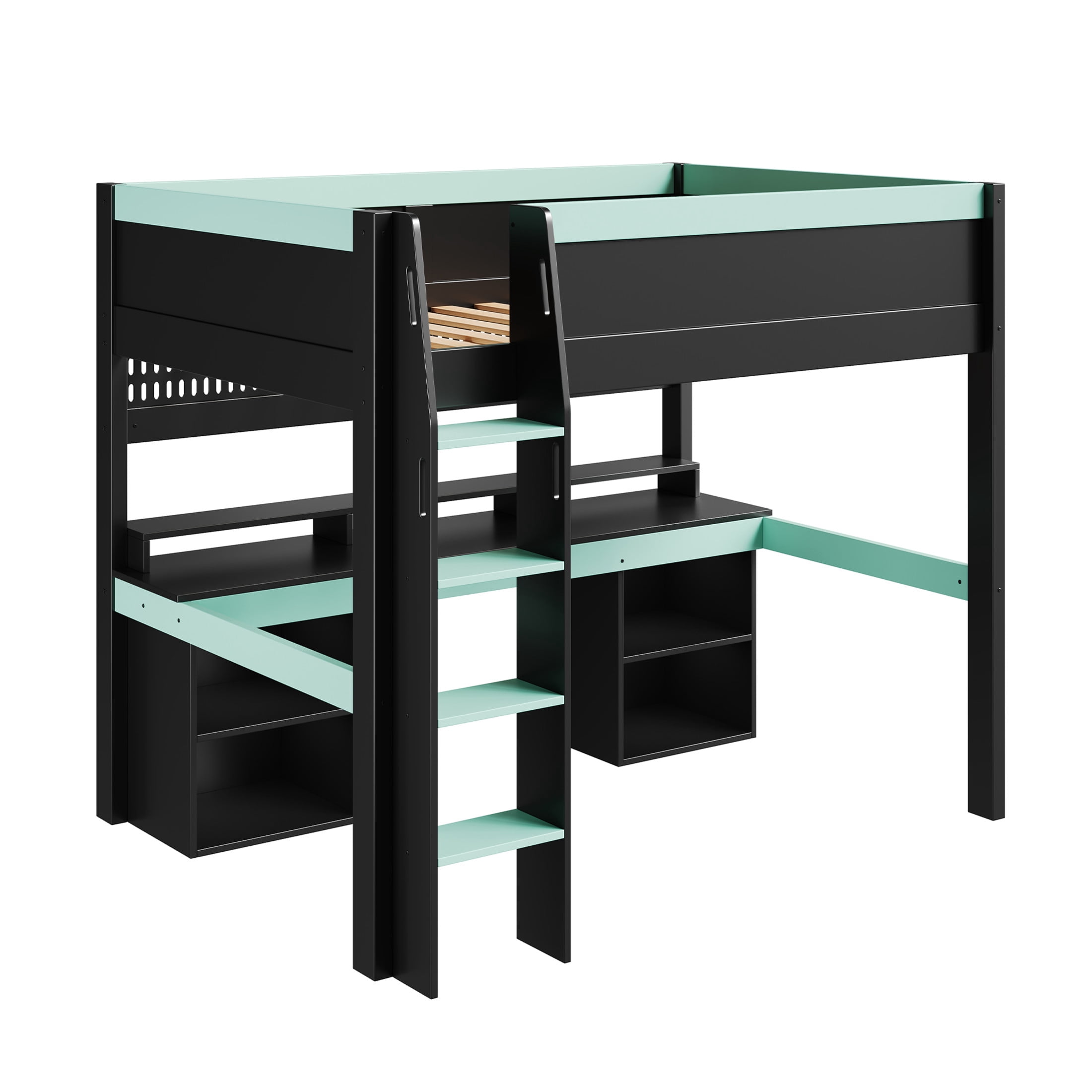 Noble House Dalmor Full Size Loft Bed with Multi-Color LED Lights, Detachable Pegboard & Gaming Desk, Black & Blue