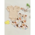 thumbnail image 5 of Nygoyerh Baby Girls Summer 3Pcs Outfits Ribbed Short Sleeve Romper + Floral Chick Print Flare Pants + Headband 3M 6M 12M 18M Infant Toddler Cute Long Pants Sets, 5 of 9
