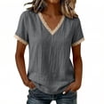 thumbnail image 3 of Diufon Cotton Linen Tops for Women Lace Trim V Neck Short Sleeve Shirts Summer Fashion Vacation Boho Blouses, 3 of 7