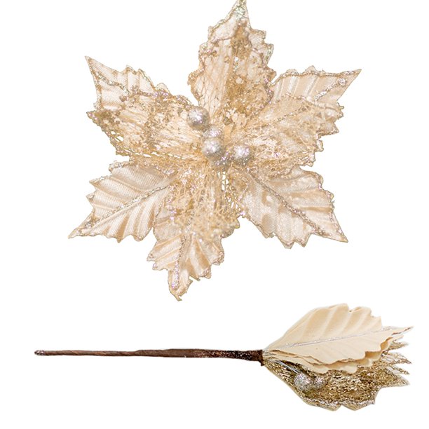 Decoración De Telas Adorno floral de tela color champán dorado de 20 cm con tallo de 15 cm para arreglos florales de árbol de Navidad y decoración de fiestas navideñas. Pieza única. Rkxzt