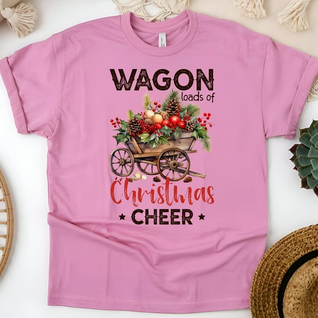 Wagon Chemise de Cheerleader de Noël / T-Shirt Graphique Rustique de Vacances, Azalée, Taille G