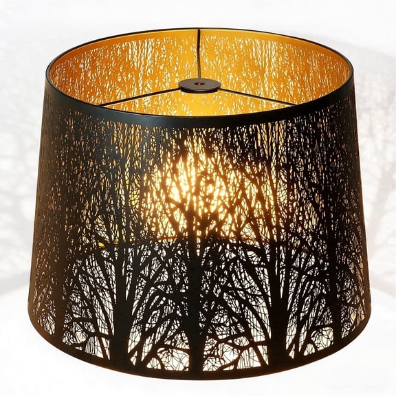 SWAIFDEE Metal Lampshade, Etched Forest Drum Lamp Shade, Black & Gold, Spider Fitter for Table & Floor Lamps, 12x14x10 Inch, Large Replacement Light Cover