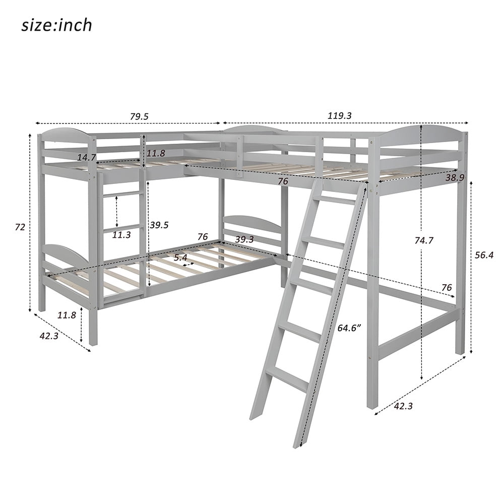 Twin Bunk Beds L-Shaped Bunk Bed and Loft Bed with Ladder and Guard for Teens Bedroom, Gray