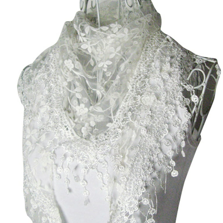 Yesbay Lady Hollow Tassel Lace Rose Floral Scarf Triangle Shawl Wrap Gift  White 