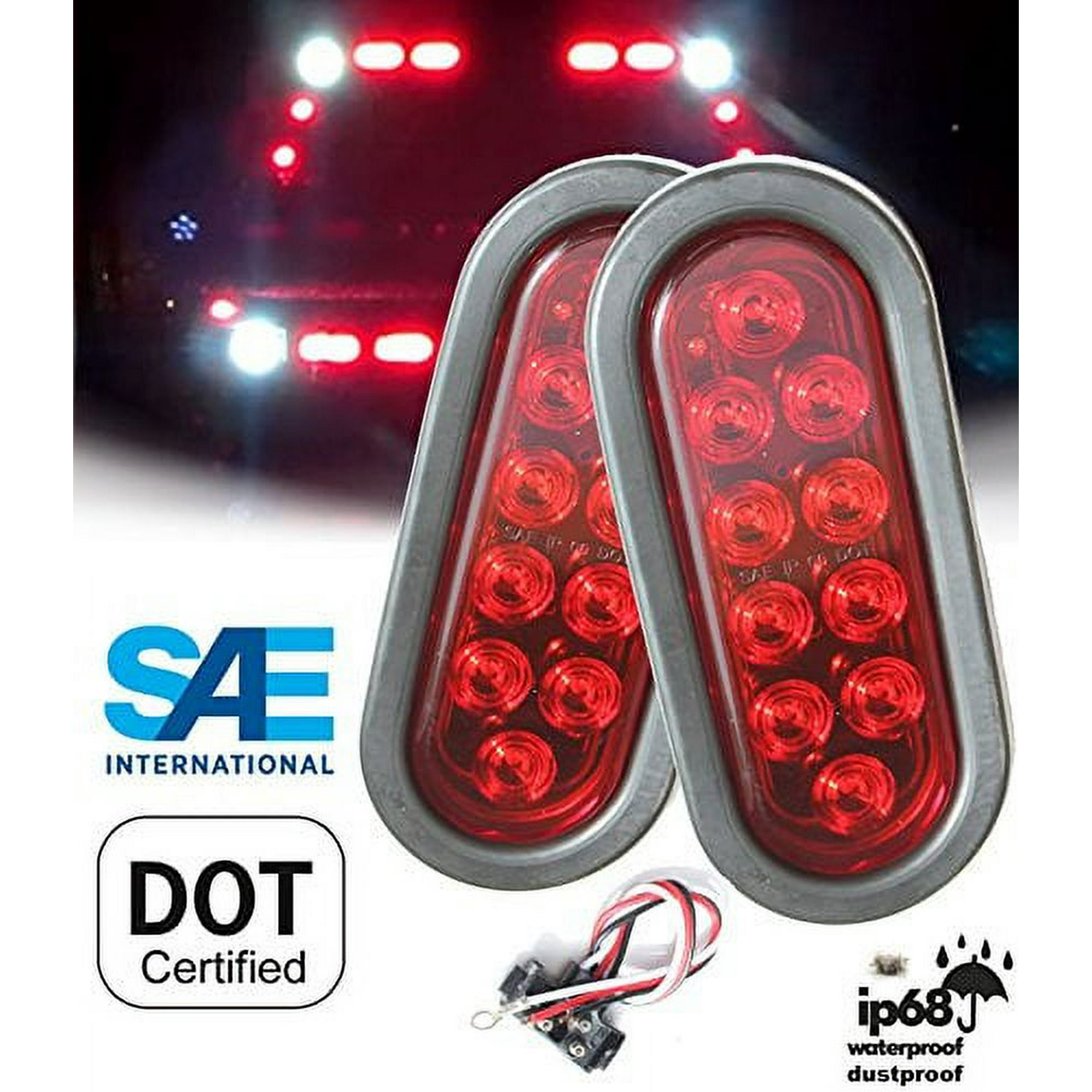 KT Pair (2 pcs) 6 Oval Red LED Brake/Stop/Turn Tail Lights Kit (DOT SAE) with Grommet & Pigtail for Truck Trailer Tractor & Jeep