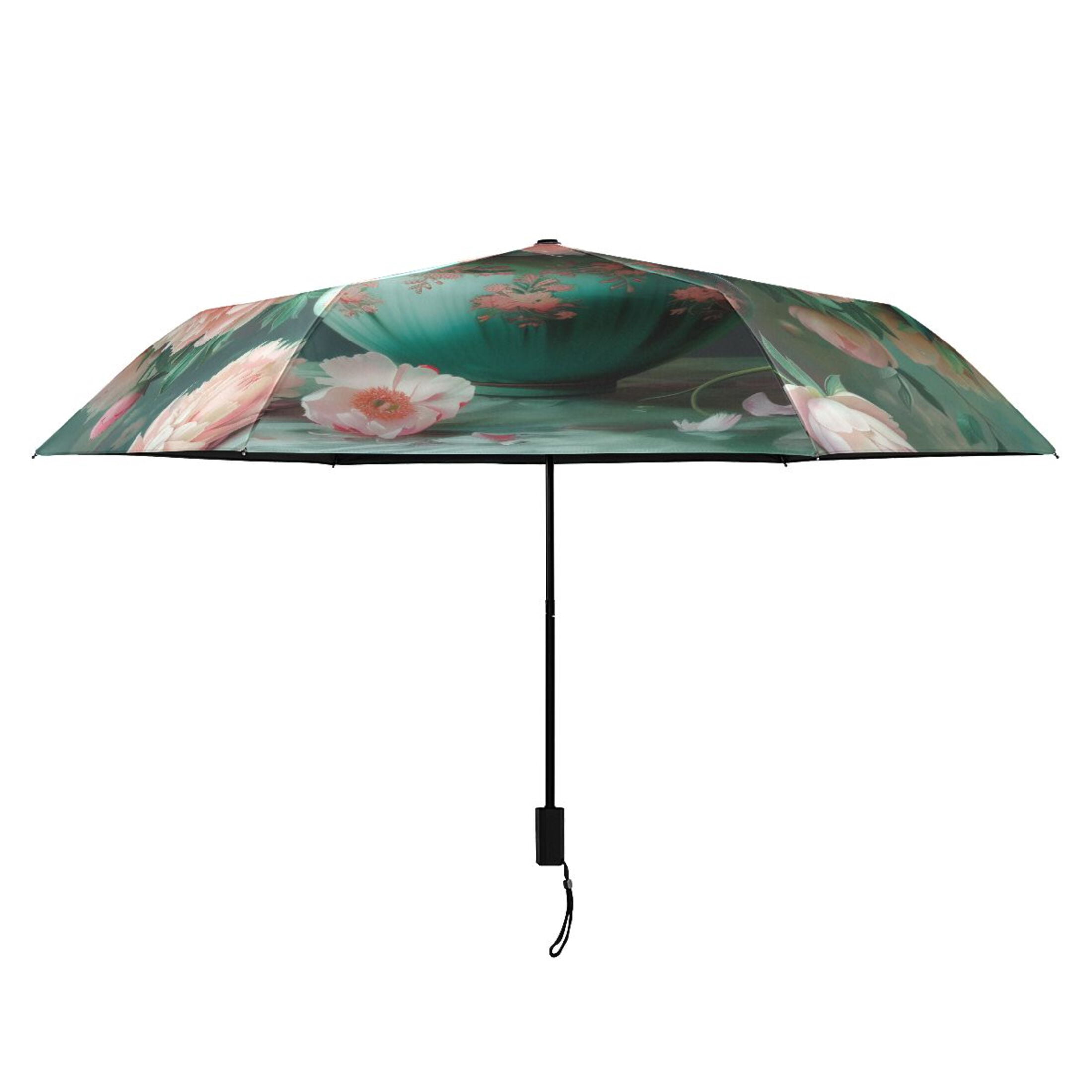Compact Sun Umbrella Windproof Travel Umbrellas for Rain Strong Portable UV Protection Peonies Bouquet in Vases