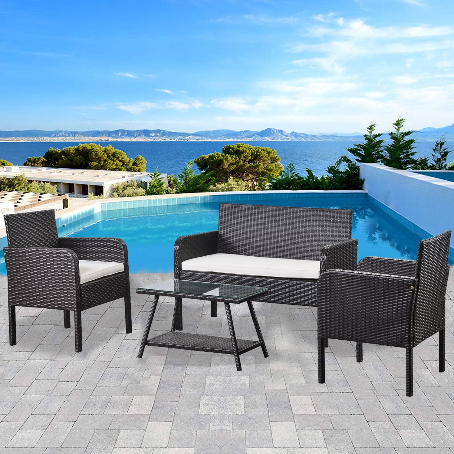 Rattan Garden Beach Furniture Sst 4 Piece Chairs Sofa Table Outdoor