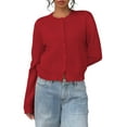 thumbnail image 3 of Women'S Button Down Long Sleeve Crewneck Crop Cardigan Sweater Cute Knitwear Clothes Red S, 3 of 9