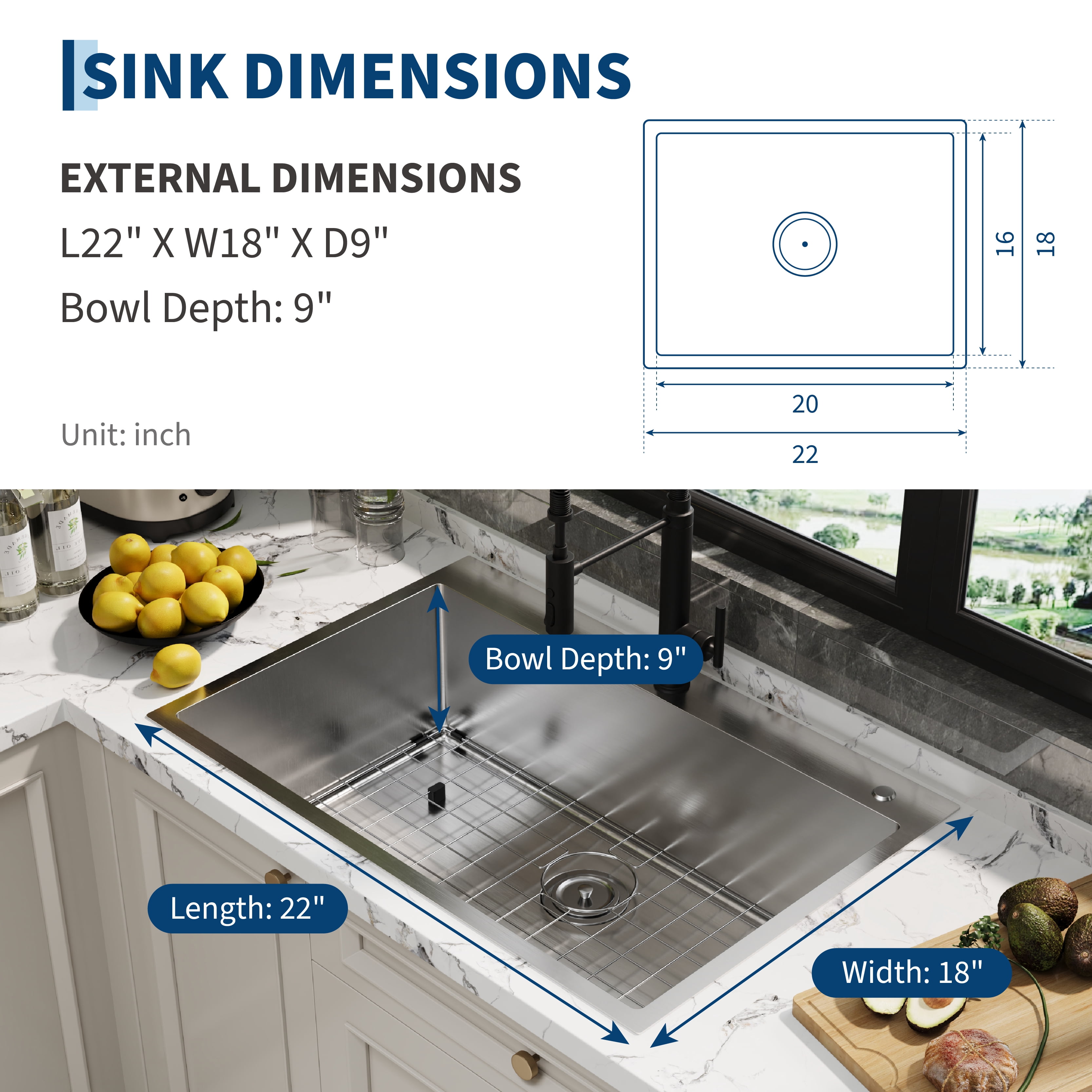 DSstyles Deluxe Double Bowl Undermount Kitchen Basin 22x18x9 Inch – 304 Brushed Stainless Steel, Deep Basin, Bottom Grids, Drainboard, Noise Reduction, Commercial Grade, Easy Clean