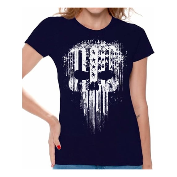 Awkward Styles White Skull T Shirt for Her American Flag Sniper Shirts for Ladies Patriotic Shirts for Women USA Lovers Gifts Military American Flag American Reaper Women's T Shirt Skeleton Shirts