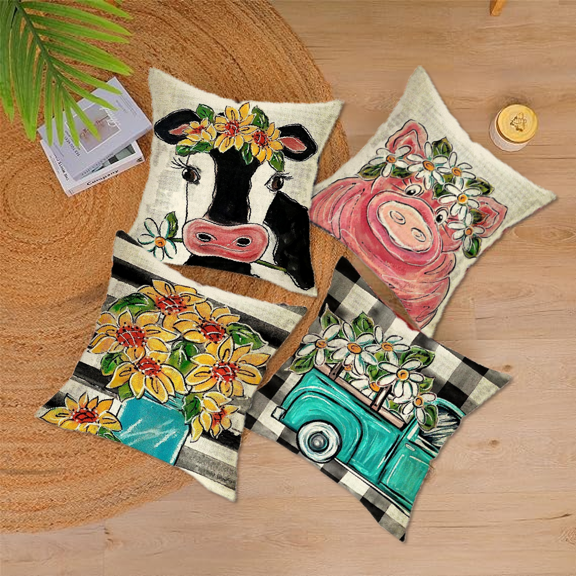 Spring Summer Cow Pig Decorative Throw Pillow Covers 18 x 18 Set of 4, Sweet Farm Daisy Flower Green Truck Cushion Case Decor, Bless Our Home Eucalyptus Leaves Farmhouse Decoration for Sofa Couch