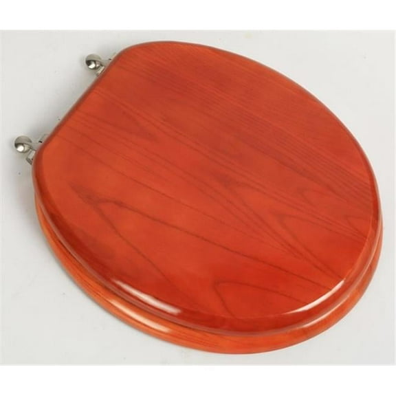 Designer Solid Round Oak Wood Toilet Seat with Brushed Nickel Hinges, American Cherry