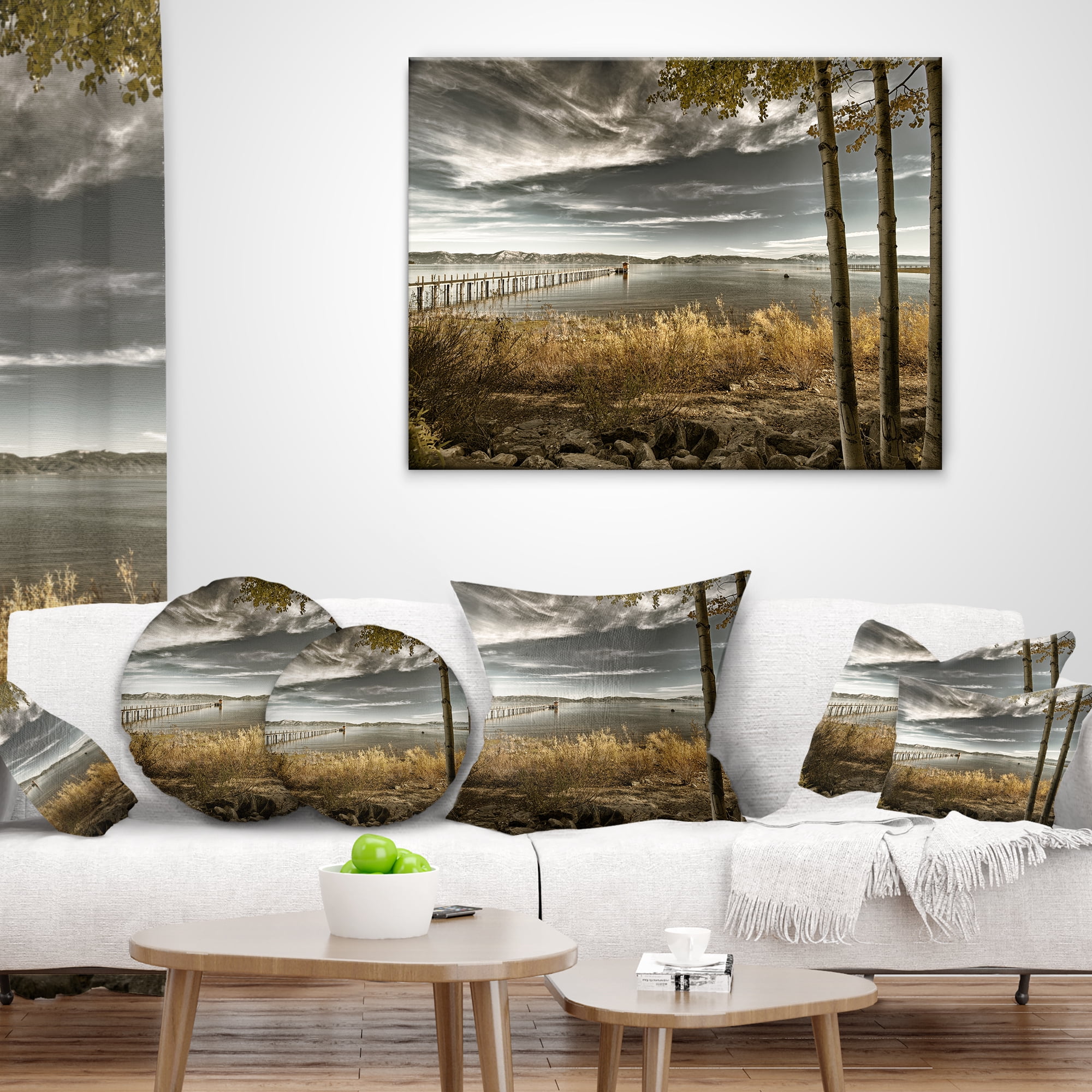 Designart Pier in Brown Lake - Landscape Photo Throw Pillow - 16x16