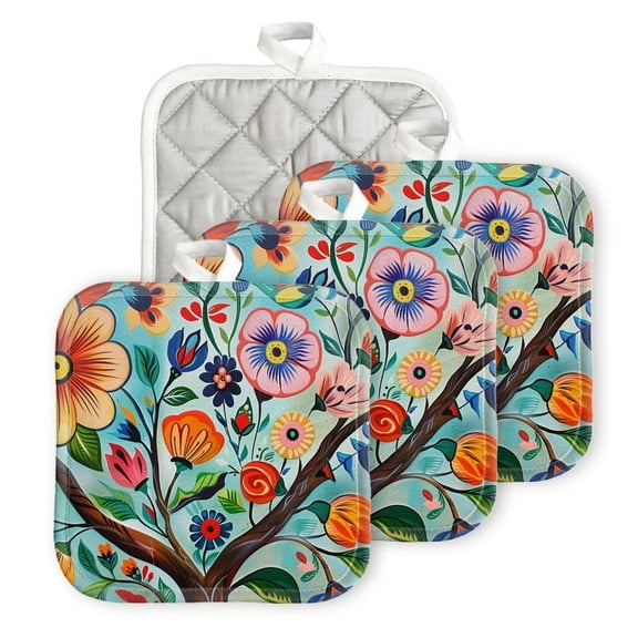 BaHomeck Pot Holders 4pcs dacron Made Square heat-resisting mat Machine Washable for Kitchen Oven Hot Pads 6.7inch*6.7inch,Vibrant Tree Of Life With Colorful Flowers And Leaves