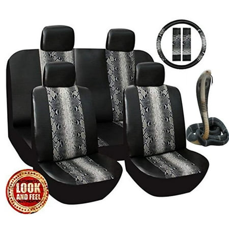 Premium 13 Piece Luxury Black Snake Skin Stitching Universal Faux Leather Car Seat Cover Set w/ Steering Wheel & Seat Belt Pads - Authentic Feel &