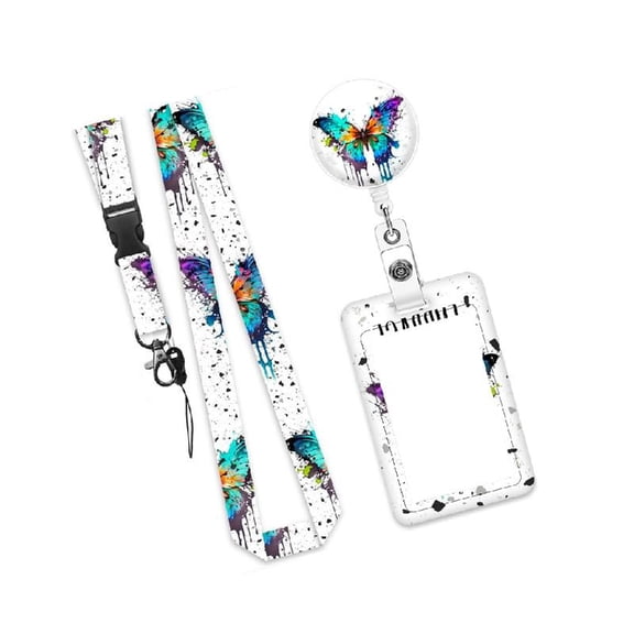 Lanyard with Card Case Butterfly Print Identity Cards Case Retractable ABS Badge Holder with Removable Neck Strap