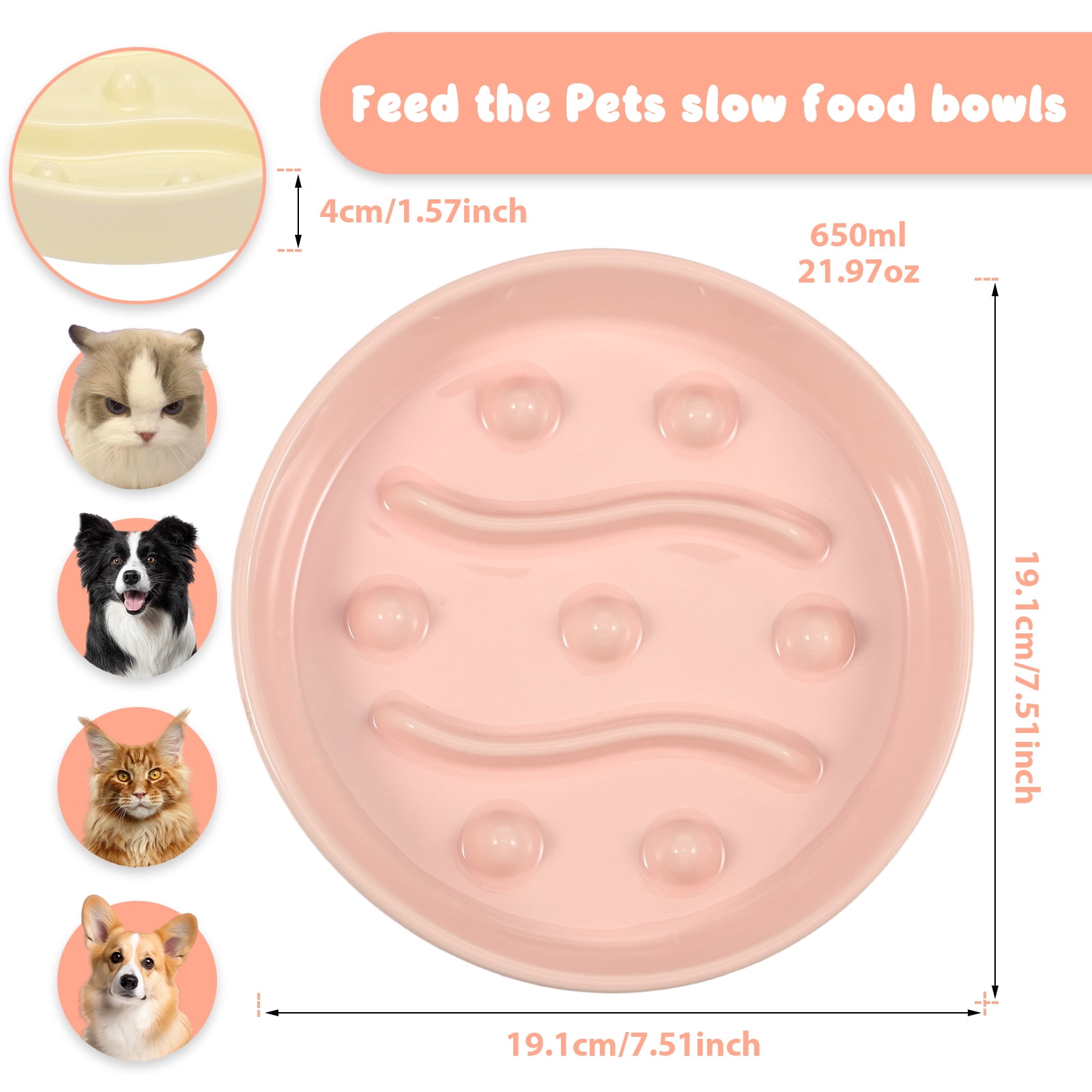 Threns 2 Pcs Practical Cat Slow Feeder Bowl Smooth Ceramic Cat Food Bowl Slow Feeder with Nonslip Bottom for Kitten Puppy Small Pet